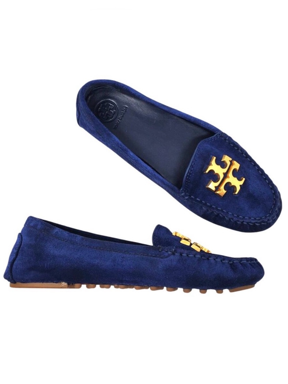 Tory Burch Everly driver loafers royal navy suede, emblem brass logo NEW size 7